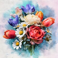 A vibrant bouquet of colorful flowers on a soft watercolor background