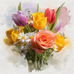 A vibrant bouquet of colorful flowers on a textured background