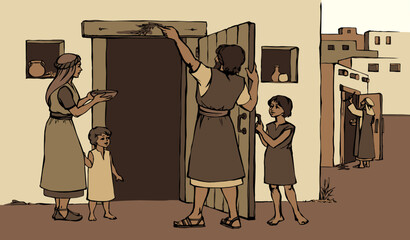 Vector drawing. The family fulfills God's command. Anoints the doorposts with the blood of the lamb
