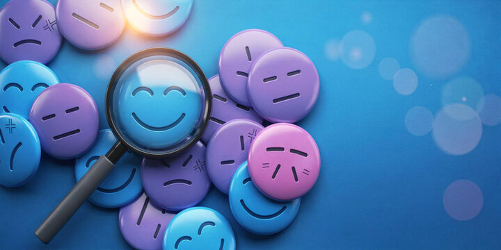 Customer satisfaction feedback icons with magnifying glass focus on happy emoticon for positive review and survey results