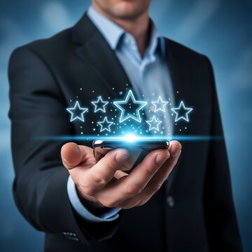 A businessman's hand holding a smartphone displays five glowing stars, symbolizing an excellent customer rating and positive feedback.