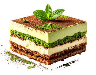 Matcha Tiramisu: A decadent, layered matcha tiramisu, showcasing a harmonious blend of flavors and textures, with layers of delicate ladyfingers, creamy matcha-infused mascarpone.