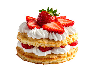 Sweet Strawberry Delight: A delectable strawberry shortcake, a symphony of flavors and textures, featuring ripe strawberries and fresh whipped cream layered between golden, buttery biscuits.