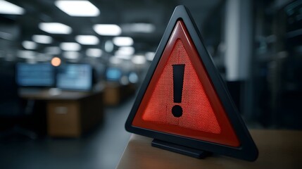 A prominent red triangular warning sign with an exclamation mark is placed in the foreground of a dimly lit modern office or data center suggesting