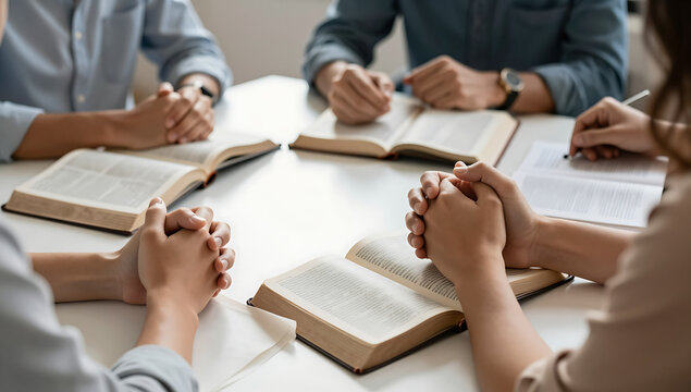 Group of people praying with hands clasped around open Bibles on a white table, religious study and worship concept