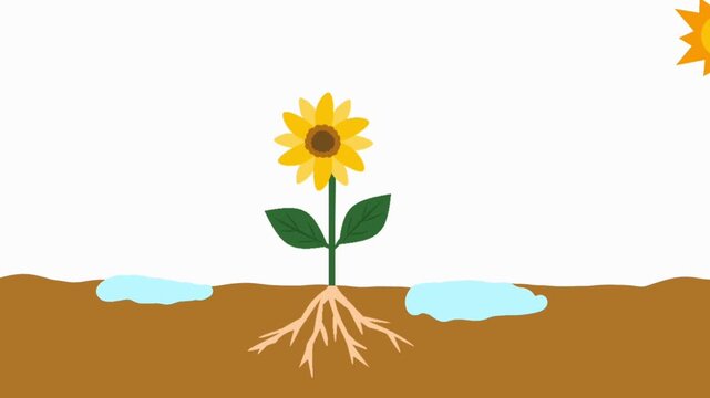 Photosynthesis animation showing how a sunflower uses sunlight, carbon dioxide, and water to produce oxygen and energy. Educational science motion graphic for biology lessons, ecology, plant growth