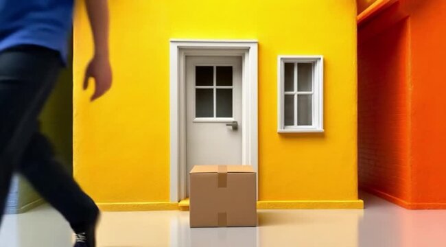 Ilustra&ccedil;&atilde;o de entregador deixando pacote na porta da casa, conceito de delivery, com&eacute;rcio eletr&ocirc;nico, log&iacute;stica residencial e conveni&ecirc;ncia urbana