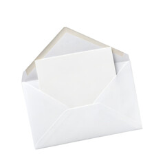 white envelope paper envelope with a blank white card inside for mockup isolated on a transparent background.