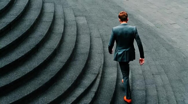 Homem de neg&oacute;cios subindo escada em dire&ccedil;&atilde;o ao topo, conceito de ascens&atilde;o profissional, crescimento na carreira, sucesso empresarial, lideran&ccedil;a e supera&ccedil;&atilde;o de metas