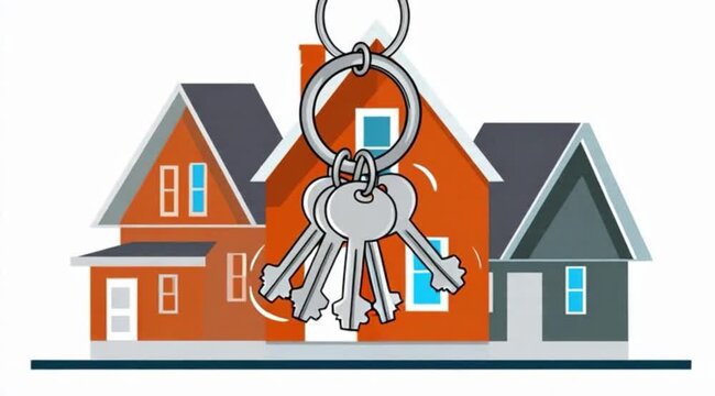 Ilustra&ccedil;&atilde;o de casas com chaves simbolizando casa pr&oacute;pria, compra, venda e aluguel de im&oacute;veis, conceito imobili&aacute;rio moderno de conquista, investimento e moradia