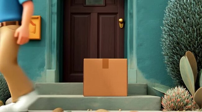 Ilustra&ccedil;&atilde;o de entregador deixando pacote na porta da casa, conceito de delivery, com&eacute;rcio eletr&ocirc;nico, log&iacute;stica residencial e conveni&ecirc;ncia urbana