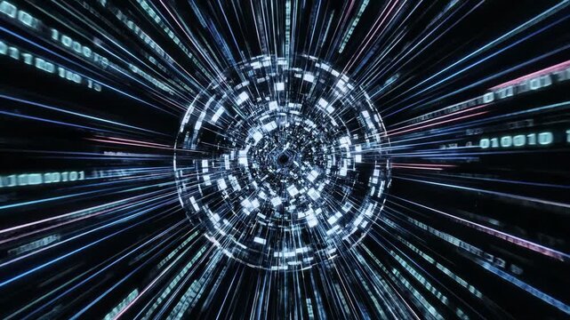 Abstract digital data stream through information tunnel with binary code and geometric shapes for technology background