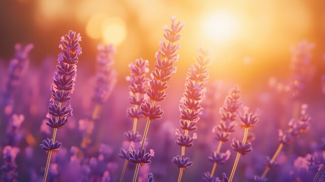 Lavender Field at Sunset with Mountains and Golden Light
