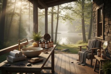 Tranquil outdoor spa with soothing nature view on rustic cabin porch.