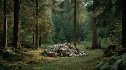 Mixed Household Trash Polluting Forest Clearing
