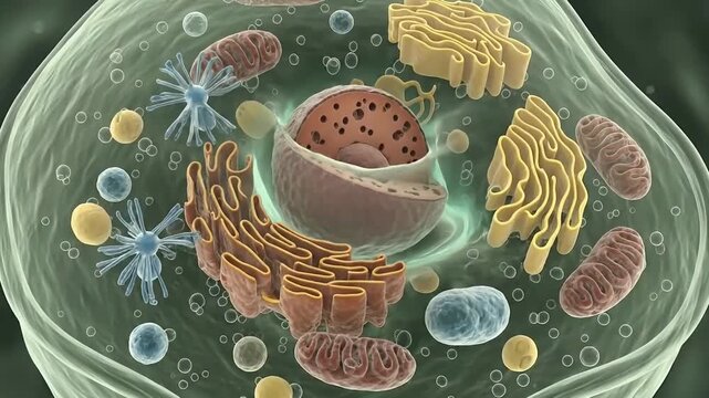 A Living cell - the basic units of life - the cell membrane, nucleus, and cytoplasm, along with various organelles