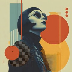 A stylish woman in sunglasses surrounded by vibrant geometric shapes and bold colors