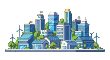 Obraz premium Illustration of a modern sustainable city skyline featuring renewable energy sources and green architecture