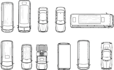 Top View Line Art Illustration Set of Various Vehicles Including Passenger Cars SUV Models Delivery Van Transport Trucks and Public Bus for Architectural Site Plans © MdIbrahim