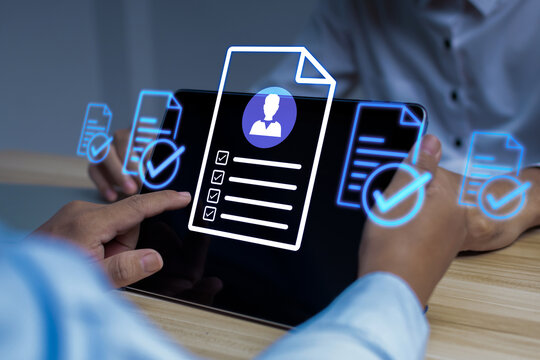 Human Resource Management. hr manager review digital resume document on mobile tablet, job interview, team leader, document file management, digital marketing, business strategy and technology concept