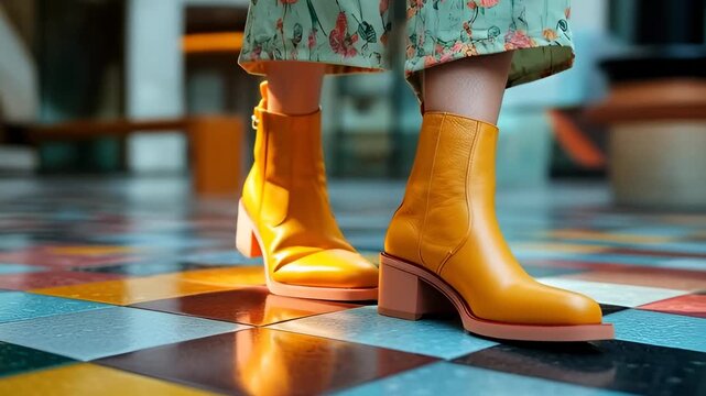 Close-up of stylish yellow leather ankle boots walking on a colorful checkered floor, fashionable woman in floral pants strutting in bright footwear