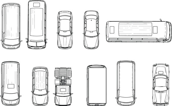 Top View Line Art Illustration Set of Various Vehicles Including Passenger Cars SUV Models Delivery Van Transport Trucks and Public Bus for Architectural Site Plans