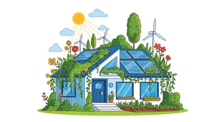 Fototapeta premium Illustration of an eco friendly house featuring solar panels wind turbines and abundant garden foliage