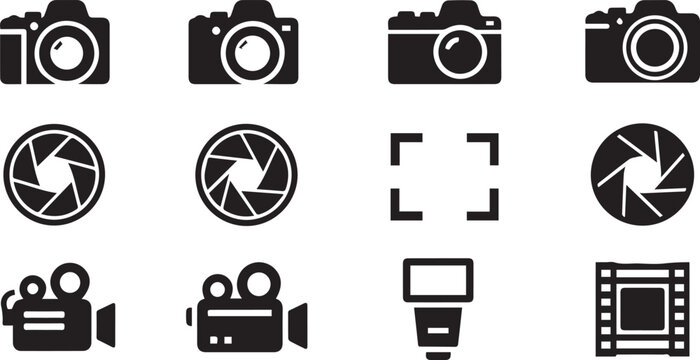 Photography and Cinema Icon Set - DSLR Camera, Video Camera, and Film Strip Symbols