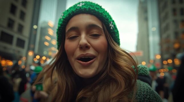 Stylish girl in green hat and festive sunglasses at an Irish parade.