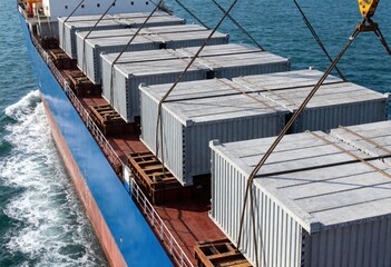 Large cargo ship transporting containers across open water.