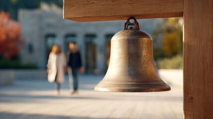Obraz premium Outdoor Bronze Bell with Blurred Figures Walking in the Background on a Sunny Day