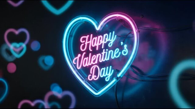 Glowing Happy Valentines Day neon heart sign with romantic blurred background lights