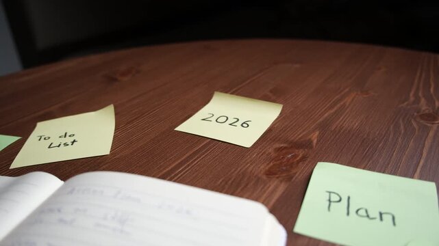 Tabletop concept video of sticky notes showing goals, to do list, planning in 2026, minimal lifestyle and personal growth theme in 4k resolution