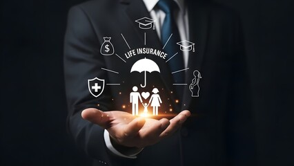 Businessman holding conceptual image of life insurance for a family