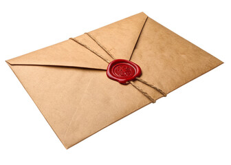Vintage brown kraft envelope with a red wax seal isolated on a transparent background.