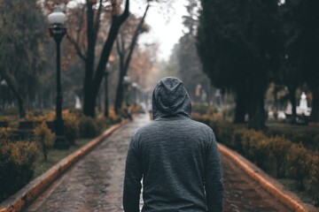 Obraz premium Walking through park during cloudy day with trees and path