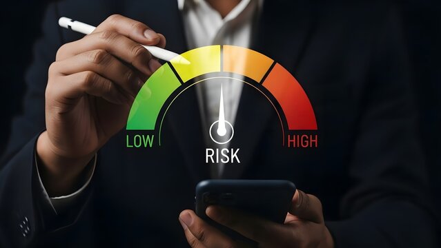 Businessperson holding a smartphone and pointing at a risk meter