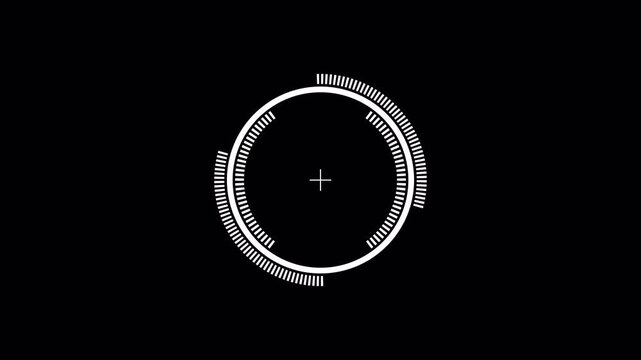Simple white crosshair HUD with multiple rotating segmented circle rings and radar bars full rotation seamless loop centered target reticle isolated on transparent background 4K alpha channel tracking
