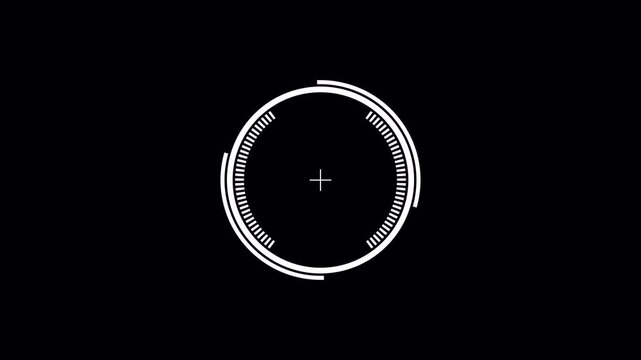 Simple white crosshair HUD with triple rotating circle rings and segmented radar lines full rotation seamless loop centered target reticle isolated on transparent background 4K alpha channel tracking 