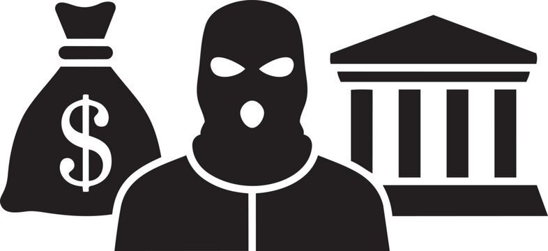 Bank Heist: A stark black and white depiction of a criminal figure, a money bag, and a bank building, representing a planned heist and the act of robbery.