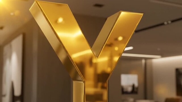 Golden letter y illuminated indoors with bokeh background and sunlight