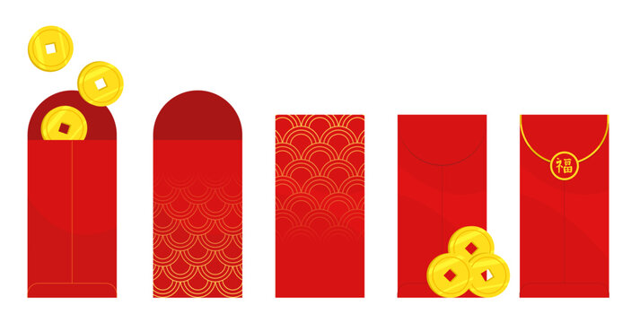 Set of Ang Pao or Hongbao with golden coins for Chinese New Year. Traditional red envelopes for Lucky, Chinese festival, Lunar New Year, banner, greeting card. Vector illustration.