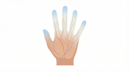 Obraz premium Medical illustration of Raynaud’s phenomenon showing restricted blood flow and discoloration in fingers.