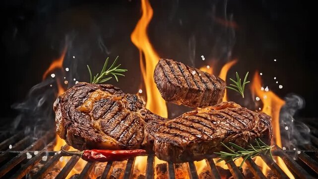 Steaks grill over open flame with smoke rising and spices enhancing flavor. Grill setting gives vibrant cooking atmosphere. Concept of culinary arts, restaurant, barbecue