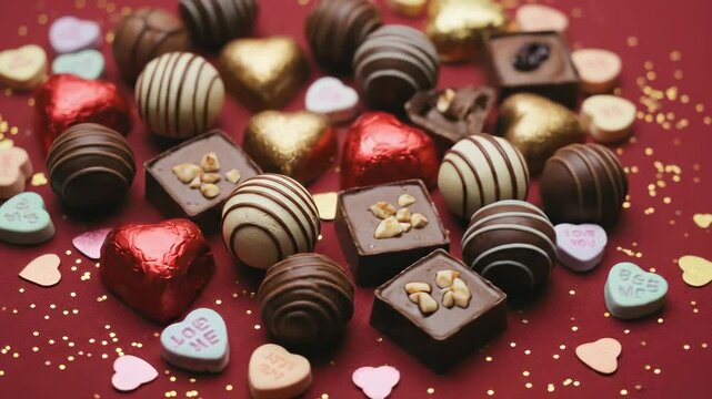 Decadent chocolate bonbons, foil wrapped hearts, and colorful message candies scattered on textured surface