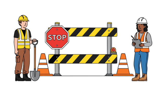 Construction site safety vector illustration with workers, stop sign and traffic cones