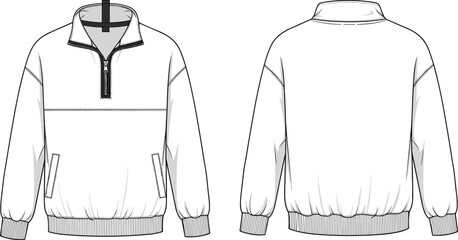 Half zip pullover sweatshirt with stand collar and pockets technical fashion flat sketch template front back view cad drawing flat vector illustration © Rakibul