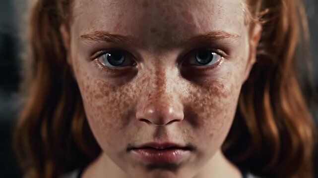 Young serious intense red-haired girl with freckles looking directly at camera indoors