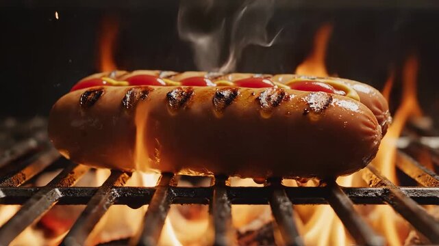 Hot dog cooks on grill over open flames with toppings applied. Setting shows backyard barbecue during summer evening. Concept of food service, catering, outdoor events