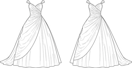 Elegant ruched bridal wedding dress with sweetheart neckline technical fashion flat sketch template front view cad drawing flat vector illustration © Rakibul